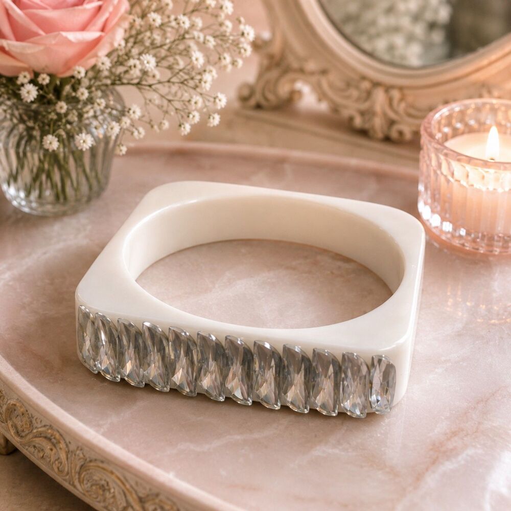 Vintage Style White Lucite Square Bangle Bracelet, Rhinestone Statement Jewelry